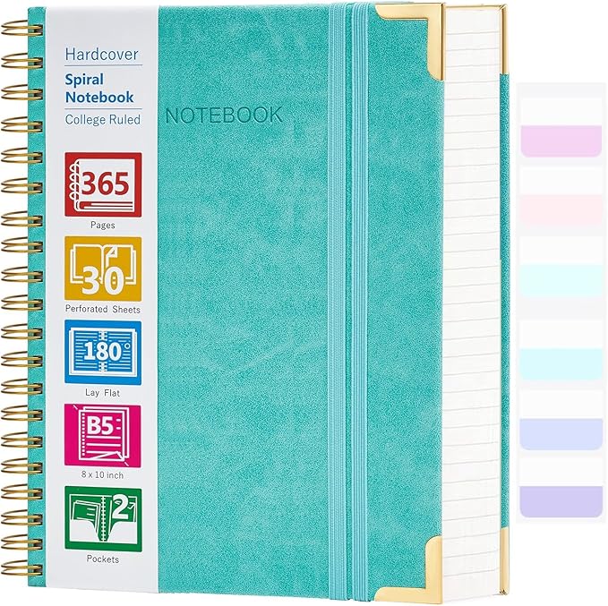 Spiral Notebook, 365 Page Hardcover Leather Notebook Journal, Large B5 Lined Journal for Women Men, College Ruled Notebooks for Work School, Journals for Writing, 24pcs Index Tabs, 8" x 10", Teal