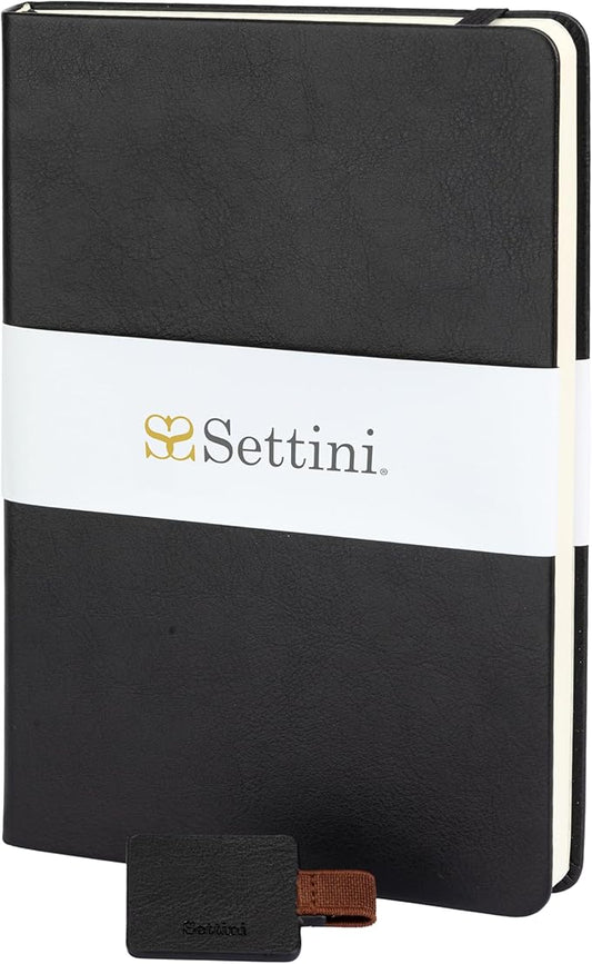 SETTINI Journal Notebook for Writing, Vegan Leather Hardcover Notebook - Pen loop, Back Pockets & Lay-Flat design, 120 GSM A5 College ruled Bleed free Paper, Gift Set for Men and Women, Onyx Black - Christmas Gifts