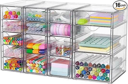 Vtopmart 4 Pcs Clear Desk Organizer, Makeup Organizer with 16 Drawers, Acrylic Desktop Organization and Storage for Office Supplies, Makeup, Art Craft, Jewelry