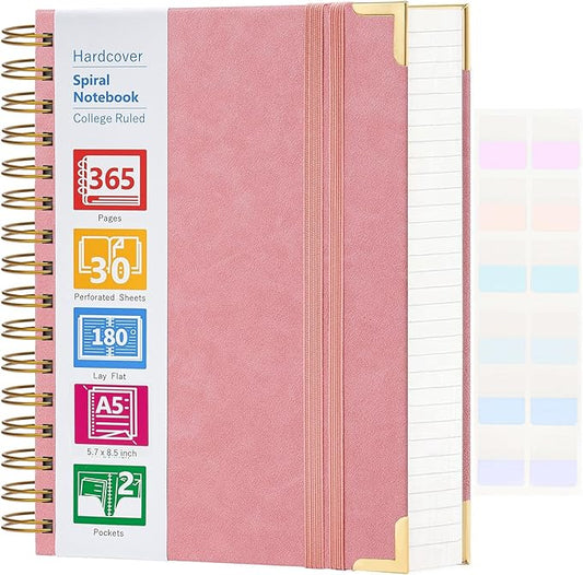 Spiral Notebook, 365 Page Hardcover Leather Notebook Journal, Large A5 Lined Journal for Women Men, College Ruled Notebooks for Work School, Journals for Writing, 24pcs Index Tabs, 5.5" x 8.5", Pink