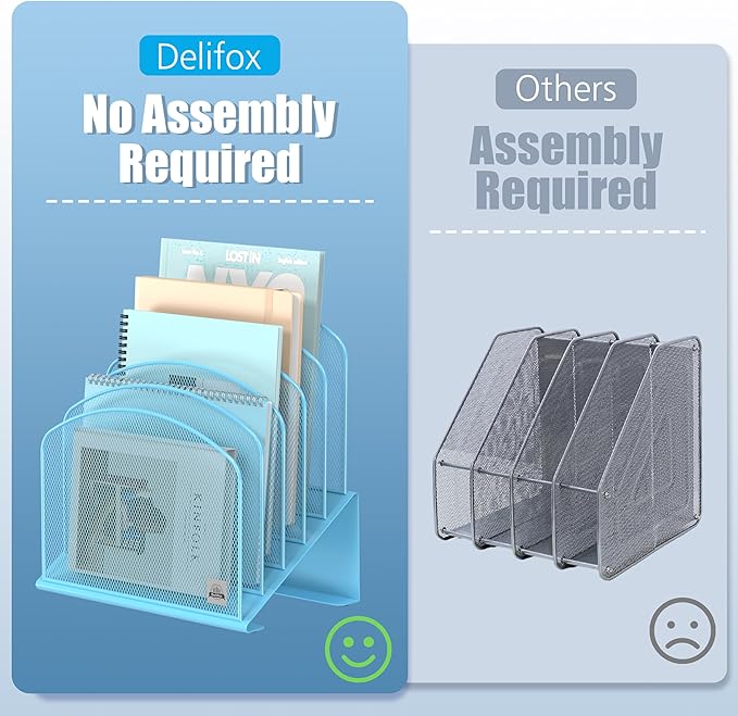 1Pack Inclined Desk File Organizer, 5-Section Vertical File Folder Holder Stand Metal Rack File Sorter for Office Classroom Desktop Organization,Blue