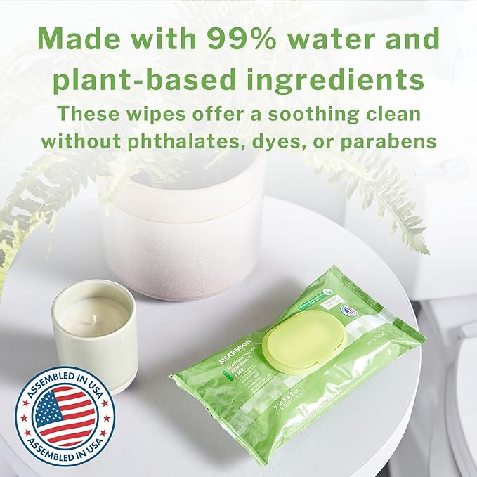 McKesson Flushable* Adult Wet Wipes – 48 Wipes (1 Pack of 48) – Aloe & Vitamin E, Plant-Based Cleansing Wipes, Unscented