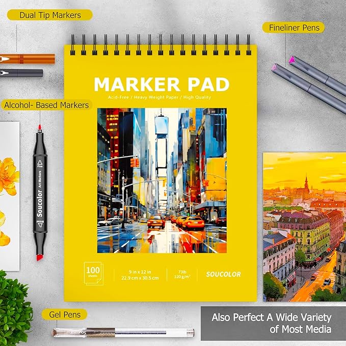 Soucolor 100 Sheets Marker Paper Pad, 9"x12" Bleedproof Art Sketch Pad, 73lb/120gsm Drawing Paper Spiral Sketch Book, Alcohol Marker Paper Painting Coloring Paper for Beginners, Artists, Kids