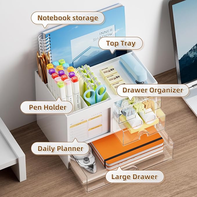 Marbrasse Desk Organizer with 3 Drawer, Multi-Functional Pencil Pen Holder for Desk, Desk Organizers and Accessories with 4 Compartments, Desktop Organizer Storage for Office Home Art Supplies (White)