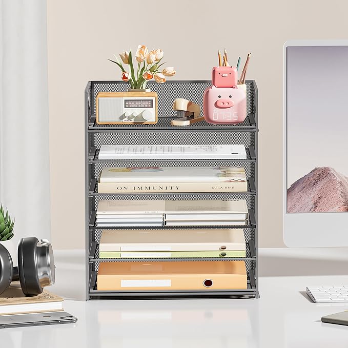 Subekyu 6 Tier Paper Organizer for Desk with Handle, Metal Mesh Desk Office File Folder Paper Letter Tray Accessories Organizer Sorter for Home, School, Office Desktop Document Organization - Gray