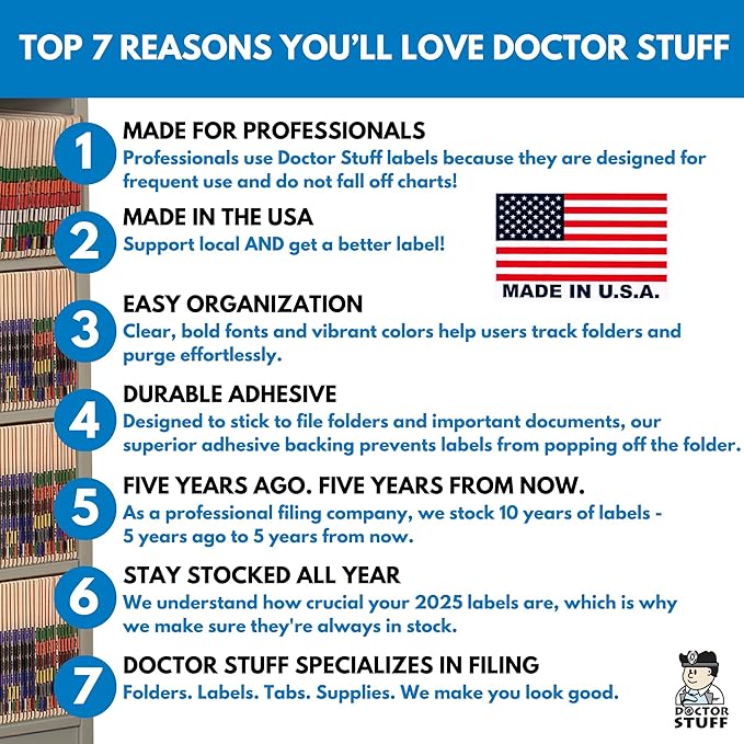 2025 Year Stickers, Doctor Stuff 2025 Chart Stickers, Orange/Black Color Coded, Traco Style, USA Made Year Labels for End Tab File Folders, 500/Roll, 1 Roll, 3/4" x 1-1/2"