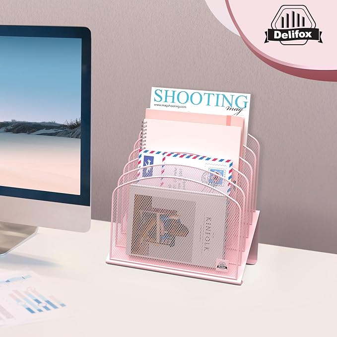 Inclined Desk File Organizer, 5-Section Vertical File Folder Holder Stand Metal Rack File Sorter for Office Classroom Desktop Organization (Pink, 2Pack)