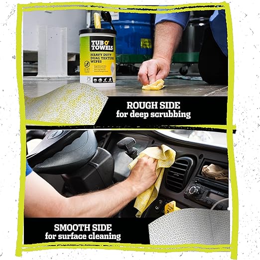 Tub O’ Towels TW75 Heavy-Duty 10" x 12" Size Multi-Surface Cleaning Wipes, Dual Texture, 75 Count Per Canister, 2 Pack