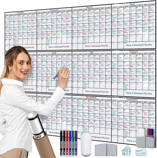 Yearly Dry Erase Calendar for Wall, 45x55, 12 Month Wall Calendar Dry Erase, Full Year White Board for Office, Home & School, Giant Annual Erasable Whiteboard, Jumbo Undated White Board Planner