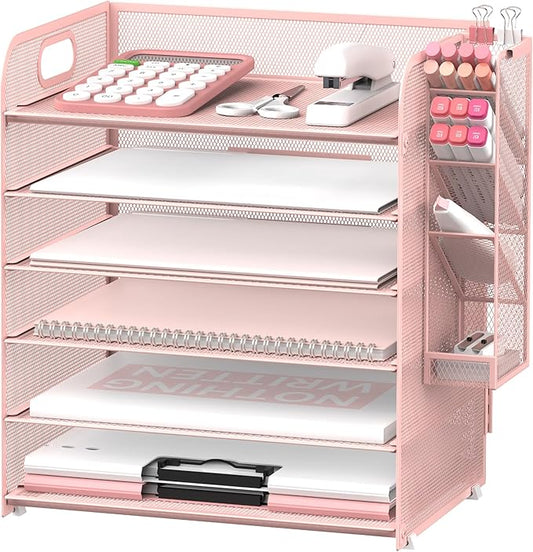 SUPEASY 6 Tier Desk Organizer with 4 Pen Holders, Mesh Paper Organizer Letter Tray with Handle, Desk Organizer Tray File Organizer for A4 File Folder, Rose Pink