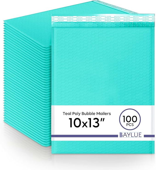 Teal 10x13 Inch Poly Bubble Mailers |Self Seal Padded Envelopes for Thick books | Air Cushioned Bubble Mailer | Usable Size 9.5x13 Inch | Waterproof Lightweight Mailing Shipping Bags | 100 Pack Bulk