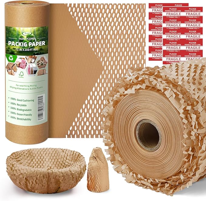 Honeycomb Packing Paper,12" W x 200' L Bubble Cushioning Wrap for Packing Moving,Products & Gifts Wrapping Paper,Recyclable and Biodegradable Shipping Packing Materials with 20 Fragile Sticker Labels