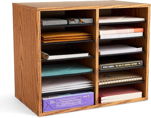 Safco 9420MO Adjustable Literature & Paper Organizer, 12 Compartment Mailbox Cubby, Great for Home, Office, Classroom Organization, Medium Oak Wood , Durable Construction, Removable Shelves