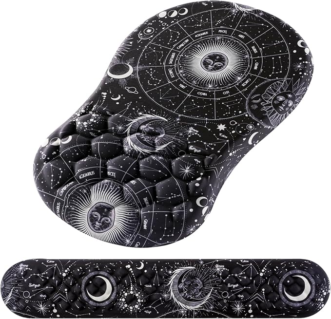 Mouse Pad Wrist Support, 2 in1 Keyboard Wrist Rest+ Ergonomic Mouse Pad, Non-Slip Wrist Rest for Computer Keyboard, Made Easy Typing & Relieve Wrist Pain(Sun Moon)