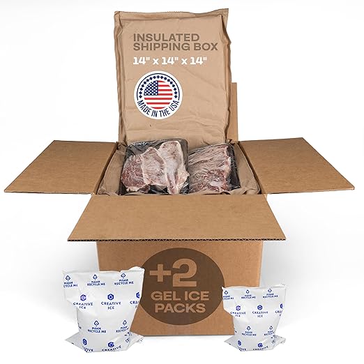 Insulated Thermal Shipping Box 14"x14"x14" with 2 Gel Ice Packs, Pack of 1 - USA-Made Cold Food Shipping Box with Absorb Condensation Thermal-Paper Liner - Frozen Food Shipping Kit by IDL Packaging