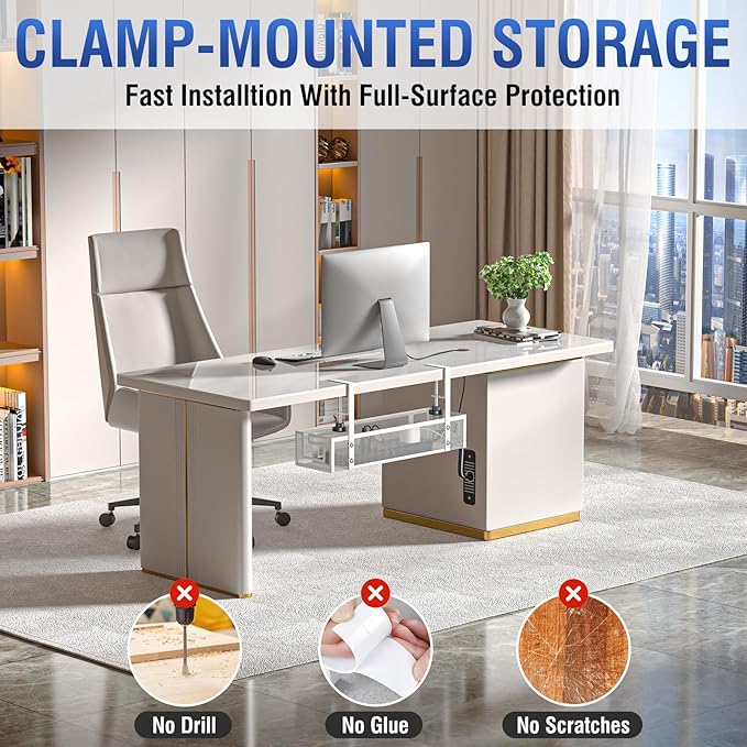 Under Desk Cable Management Tray - GZOKMOG No Drill Cord Organizer with Clamp, Reinforced Metal Mesh Workspace Organizers for Wire, Office Desk Accessories, 2 Pack White, 15.75 inch