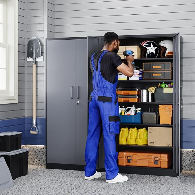 Yizosh Metal Garage Storage Cabinet with 2 Doors and 5 Adjustable Shelves - 71" Steel Lockable File Cabinet,Locking Tool Cabinets for Office,Home,Garage,Gym,School (Gray Black)