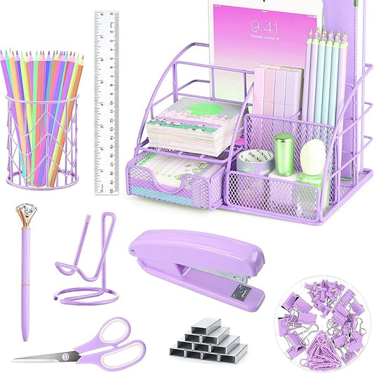 Purple Desk Organizers and Accessories Office Supplies Set Stapler, Pen Holder, Phone Holder, Scissors, Pen, Ruler, 30 Paper Clips, 22 Binder Clip, 20 Tacks and 1000pcs Staples