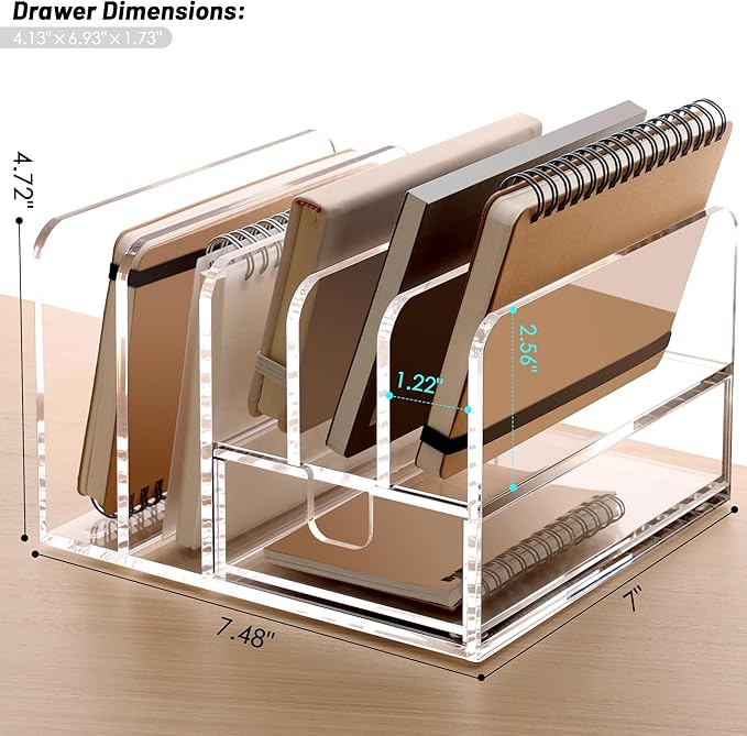 SANRUI Desk Organizers and Accessories, Acrylic Mail Organizer Countertop, 5-Slots File Sorter with Drawer, Desktop Organizer for Office Supplies