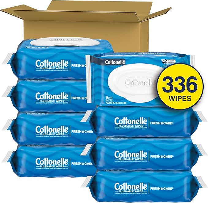 Cottonelle Fresh Feel Flushable Wet Wipes, Adult Wet Wipes, 8 Flip-Top Packs, 42 Wipes Per Pack (336 Total Wipes), Packaging May Vary