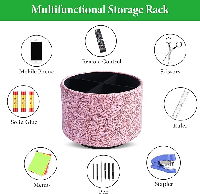 lizimandu Round Leather Art Supply Organizer,Remote Control Holder,360 Degree Spinning,Multi-Functional Pencil Holder,4 Compartments Desktop Stationary Organizer(1-Carved Pink)