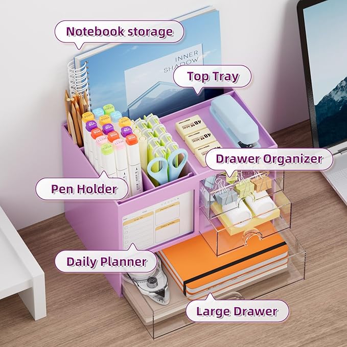 Marbrasse Desk Organizer with 3 Drawer, Multi-Functional Pencil Pen Holder, Desk Organizers and Accessories with 4 Compartments,Desktop Organizer Storage for Office Home Art Supplies (Purple)