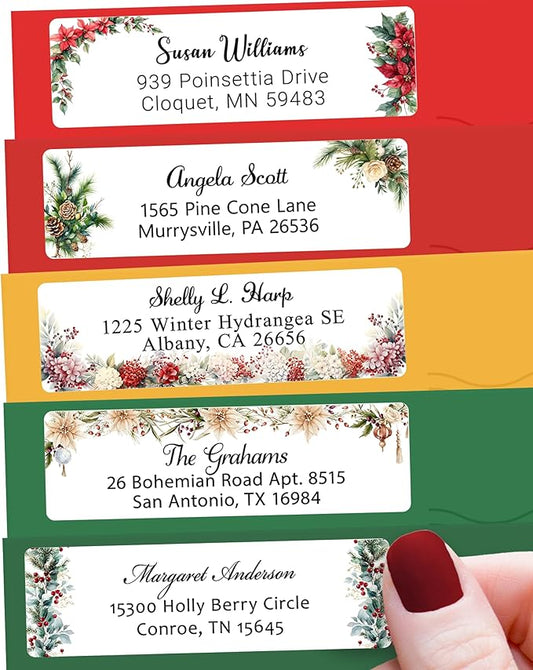 Personalized Christmas Return Address Labels - High Gloss Holiday Custom Mailing Labels on Sheets - Self-Adhesive Return Stickers for Envelopes with Crisp Printing Design (50-1000)