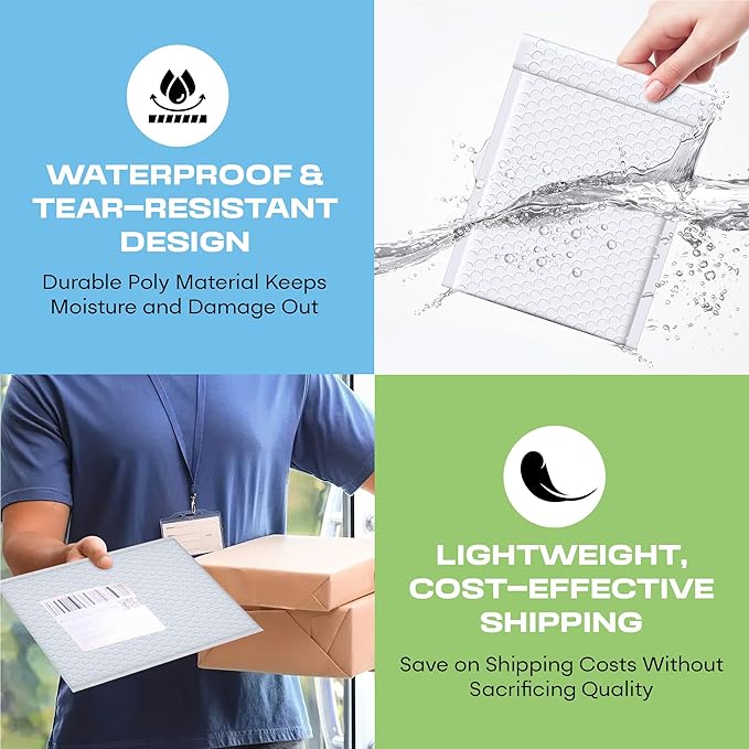White Poly Bubble Mailers 8.5x12 inch #2 | Self Seal Padded Envelopes | Cushioned Bubble Mailer | Usable Size 8.5x11 | WaterProof | Lightweight mailing Shipping Bags | US Made | 100 Pack Bulk