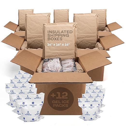 Insulated Thermal Shipping Boxes 16"x16"x16" with 2 Gel Ice Packs, Pack of 6 - USA-Made Cold Food Shipping Box with Absorb Condensation Thermal-Paper Liner - Frozen Food Shipping Kit by IDL Packaging