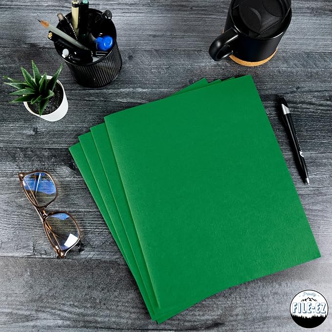 FILE-EZ Two-Pocket Folders, Green, 25-Pack, Textured Paper, Letter Size (EZ-32560)