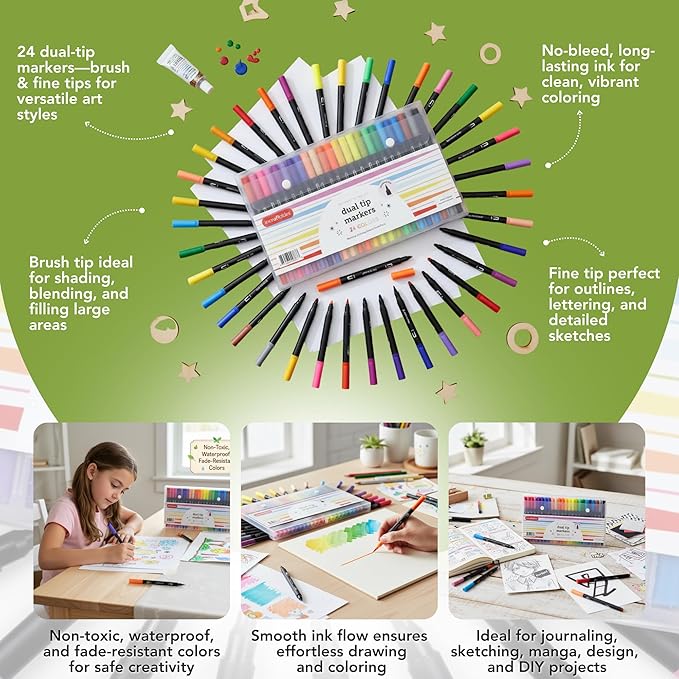Incraftables Dual Tip Markers (24 Colors) – Adult Coloring, Brush Tip & Fine Tip Markers for Adult Coloring Books, No Bleed Dual Brush for Kids & Adults