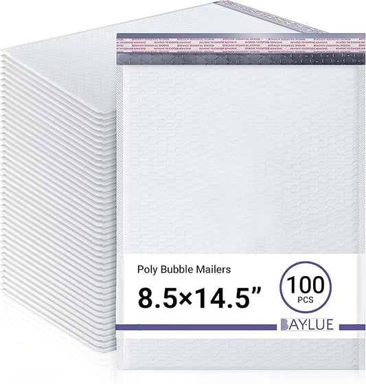 White 8.5x14.5 Inch Poly Bubble Mailers #3 | Self Seal Large Padded Envelopes | Air Cushioned Bubble Mailer | Usable Size 8.5x13.5 Inch | Waterproof Lightweight Mailing Shipping Bags | 100 Pack Bulk