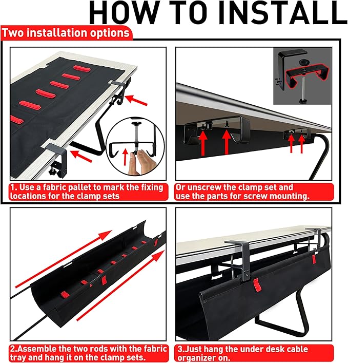 Under Desk Cable Management,No Drill 36",cord organizer,with Silicone Pads (No Scratch!)16 Cable Ties,Washable PE Honeycomb Base,Clamp/Screw Mount-Fits Any Desk 0-2.1",No Stinky Cardboard! Black