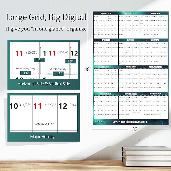 32" x 48" Apricity 2026 Wall Calendar Dry Erase - Dark Green Wall Calendar Wet & Dry Erasable Laminated 12 Month Annual Yearly Planner, Reversible, Horizontal/Vertical,with Julian Dates