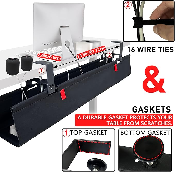 Under Desk Cable Management,No Drill 36",cord organizer,with Silicone Pads (No Scratch!)16 Cable Ties,Washable PE Honeycomb Base,Clamp/Screw Mount-Fits Any Desk 0-2.1",No Stinky Cardboard! Black
