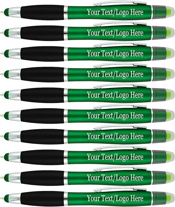 Personalized Pens with Gel Highlighter and Stylus -200 Pack Bulk-Free Imprint - 3 In Bible Highlighter No Bleed, Ballpoint Pen, and Stylus Combo- add Custom Name, Logo or Gift Message- Green