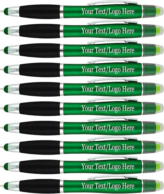Personalized Pens with Gel Highlighter and Stylus -200 Pack Bulk-Free Imprint - 3 In Bible Highlighter No Bleed, Ballpoint Pen, and Stylus Combo- add Custom Name, Logo or Gift Message- Green