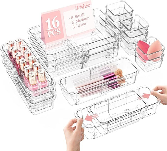 DILIBRA 16 Pcs Clear Extendable Drawer Organizer, Adjustable Drawer Storage 3-Size Desk Drawer Organizer, Plastic Non-Slip Storage Bins for Makeup, Cosmetic, Jewelries, Utensils, Stationery, Dressers