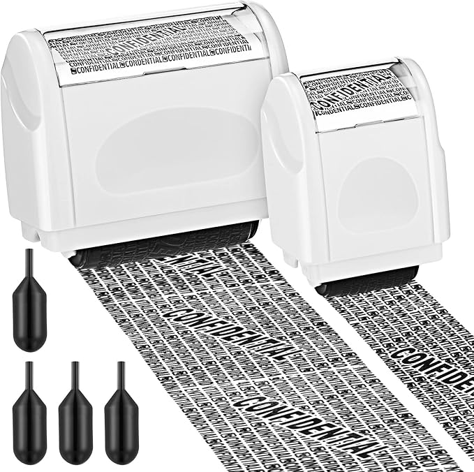Nezyo 2 Pack Identity Protection Roller Stamp Identity Theft, Confidential, Privacy Roller Stamp Information Blocker and 4 Pack Refill Ink for ID Account Data Address Security(White)