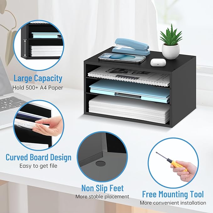 Wood Desk Organizer, 3 Tier Paper Tray Organizer for Desk with Adjustable Storage Shelves, Desktop File Organization Paper Sorter Mail Holder for Office Home Classroom, Black
