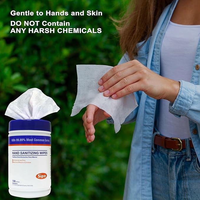 SIPA Hand Sanitizing Wipes 100 WIPES/CANISTER, Soft Textured Wipes, Fresh Scented, (24 CANISTERS)
