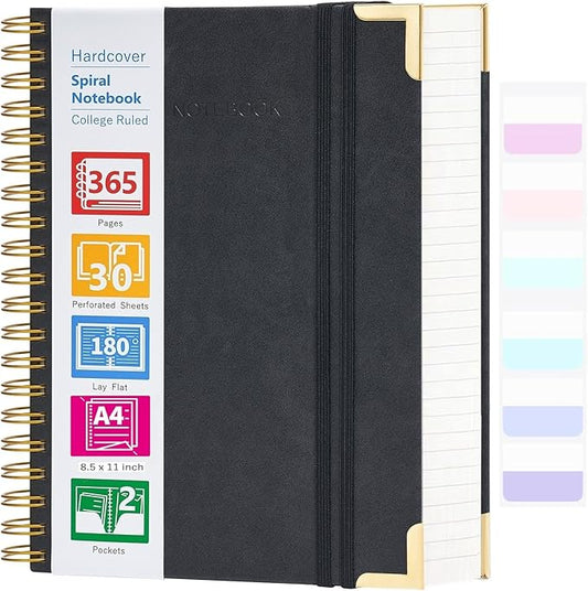 Spiral Notebook, 365 Page Hardcover College Ruled Notebook, 8.5" x 11", Large Leather Notebook Journal for Men Women, A4 Notebooks for Work School Notes, Journals for Writing, 24pcs Index Tabs, Black