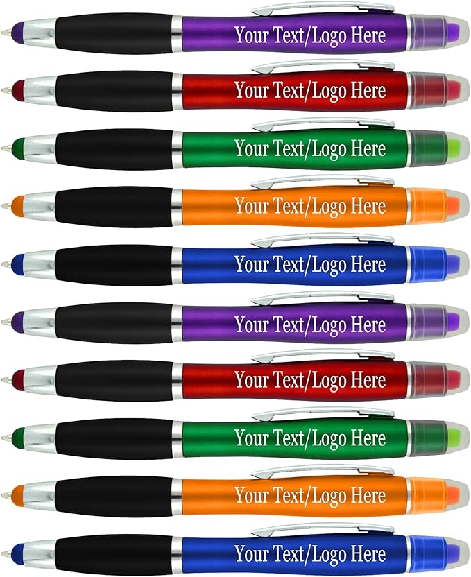 SyPen Personalized Pens with Gel Highlighter and Stylus -200 Pack Bulk-Free Imprint - 3 In Bible Highlighter No Bleed, Ballpoint Pen, and Stylus Combo- add Custom Name, Logo or Gift Message- Assorted