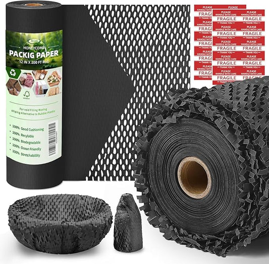 Honeycomb Packing Paper, 12" x 200' Packing Paper Substitute Alternative for Bubble Cushioning Wrap for Moving Shipping Packaging, Recyclable Moving Supplies Bubble Packing Wrap Roll-Black