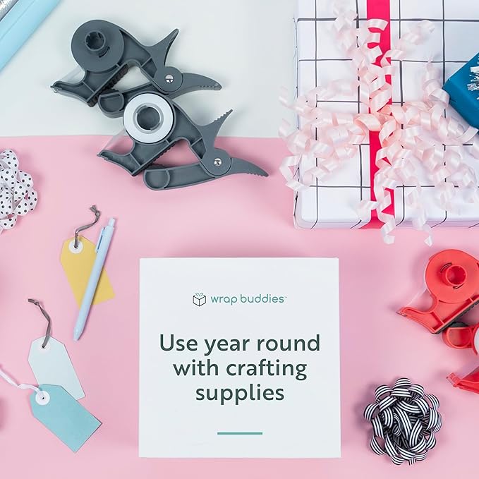 Wrap Buddies Tabletop Gift Wrapping Tool — Wrap Buddies Adjustable Paper Clamps with Tape Dispenser for Wrapping, Crafts, & Holiday Projects — Fits Most Tables & Countertops — Slate Grey, Set of 2