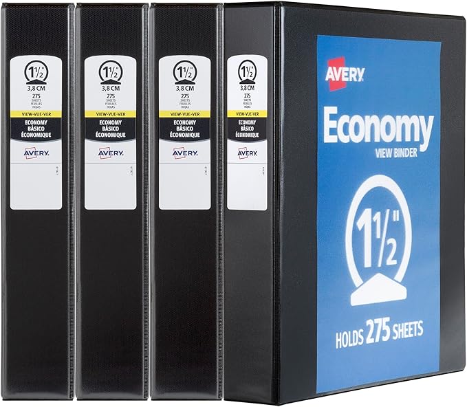 Avery Economy View 3 Ring Binders, 1.5" Round Rings, 4 Black Binders (19204)