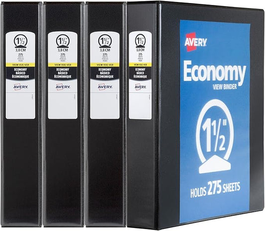 Avery Economy View 3 Ring Binders, 1.5" Round Rings, 4 Black Binders (19204)