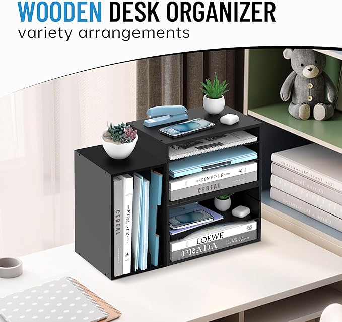 Wood Desk Organizer, 3 Tier Paper Tray Organizer for Desk with Adjustable Storage Shelves, Desktop File Organization Paper Sorter Mail Holder for Office Home Classroom, Black
