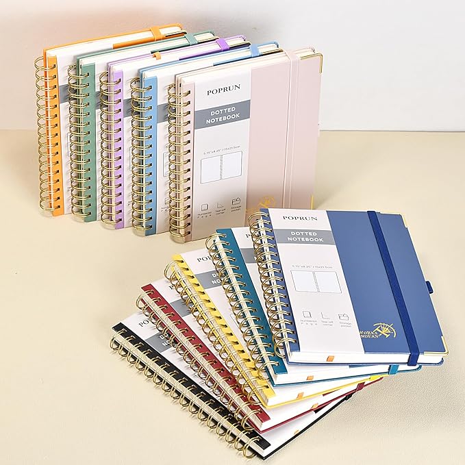 POPRUN Spiral Dotted Journal Notebook, [A5-5.75'' x 8.25''] - 120 GSM Thick Paper, 141 Numbered Pages, Hardcover for Men & Women with Pocket, Index Tabs, 8 Perforated Sheets, Haze Blue