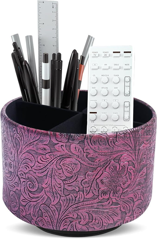 lizimandu Round Leather Art Supply Organizer,Remote Control Holder,360 Degree Spinning,Multi-Functional Pencil Holder,4 Compartments Desktop Stationary Organizer(1-Carved Metal Rose Red)